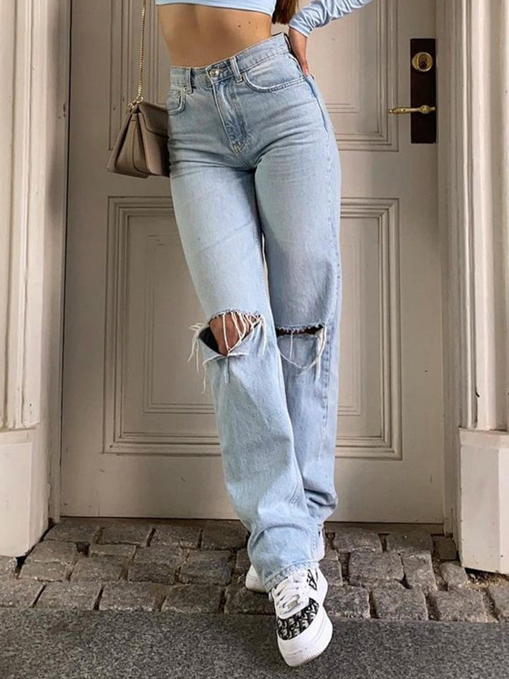 Mirla | Dam Jeans med Lös Passform Rivet Vid Ben Hög Midja Lässig Baggy Jean-Eva Jonsson