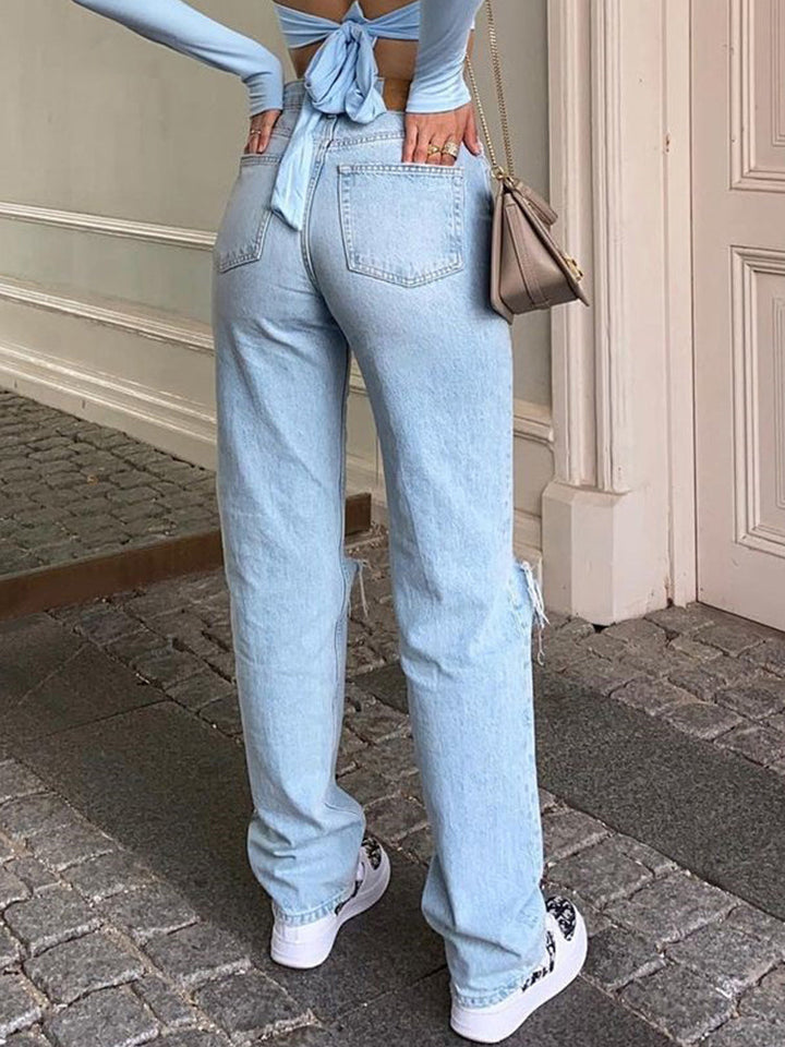 Mirla | Dam Jeans med Lös Passform Rivet Vid Ben Hög Midja Lässig Baggy Jean-Eva Jonsson