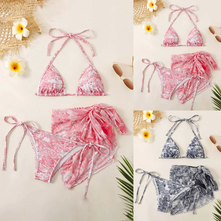 Mirla | Dam Tre Delar Badkläder Sommar Push-Up Hög Midja Bikini Set med Täckkjol Tie Dyed Simma Badkläder Strandkläder-Eva Jonsson