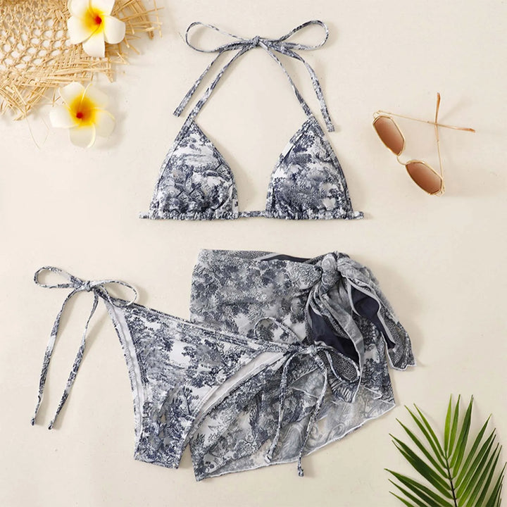 Mirla | Dam Tre Delar Badkläder Sommar Push-Up Hög Midja Bikini Set med Täckkjol Tie Dyed Simma Badkläder Strandkläder-Eva Jonsson