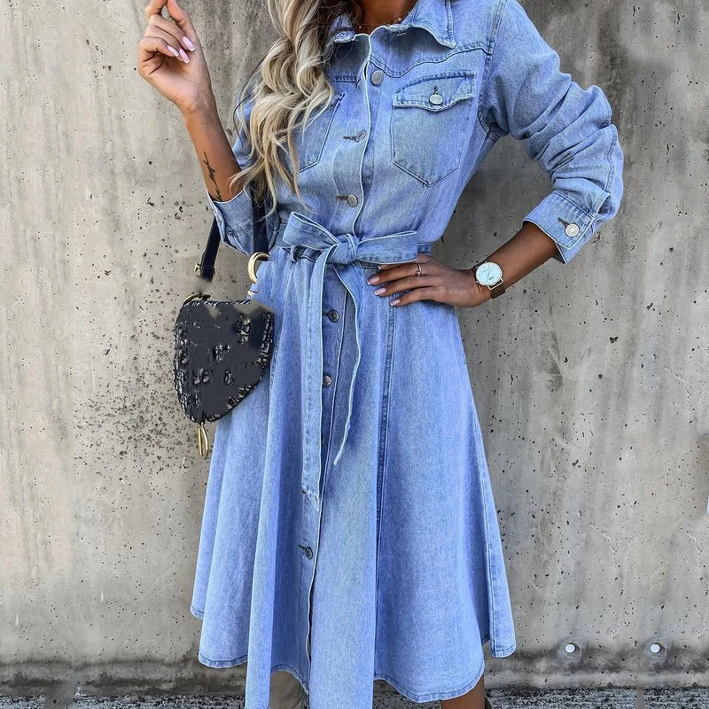 Mirla | Damens Denim Cardigan Klänning med Enfärgad Knappar-Eva Jonsson