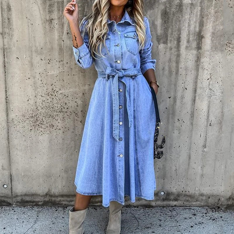 Mirla | Damens Denim Cardigan Klänning med Enfärgad Knappar-Eva Jonsson