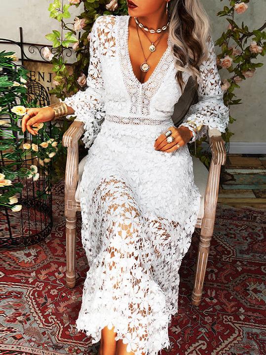 Mirla | Damklänningar Hollow Lace V-ringad Långärmad Klänning-Eva Jonsson