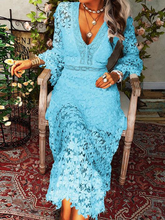 Mirla | Damklänningar Hollow Lace V-ringad Långärmad Klänning-Eva Jonsson