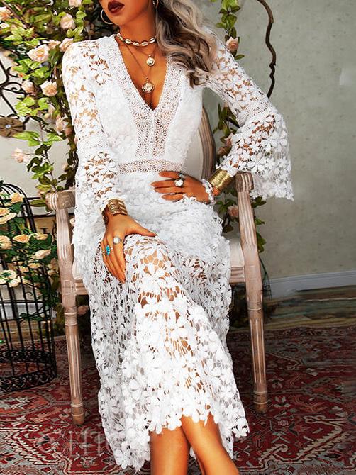 Mirla | Damklänningar Hollow Lace V-ringad Långärmad Klänning-Eva Jonsson