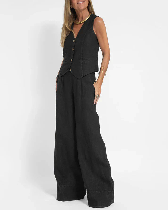 Mirla | Elegant 2 Delat Set Bestående av Vida Linnebyxor och Väst-Eva Jonsson