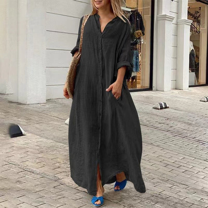 Mirla | Enknäppning Bomull-Lin Plus Size Långklänning-Eva Jonsson