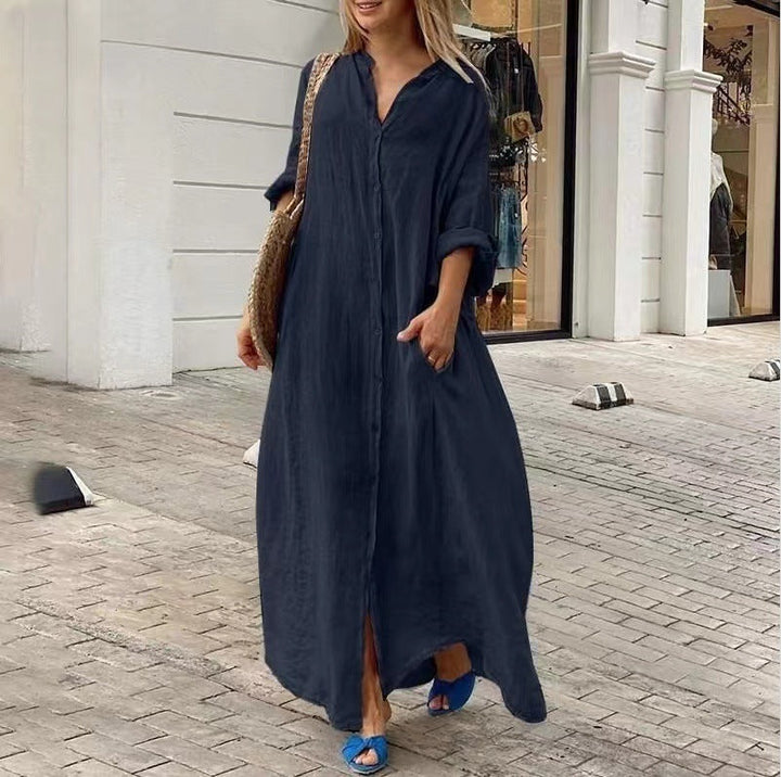 Mirla | Enknäppning Bomull-Lin Plus Size Långklänning-Eva Jonsson