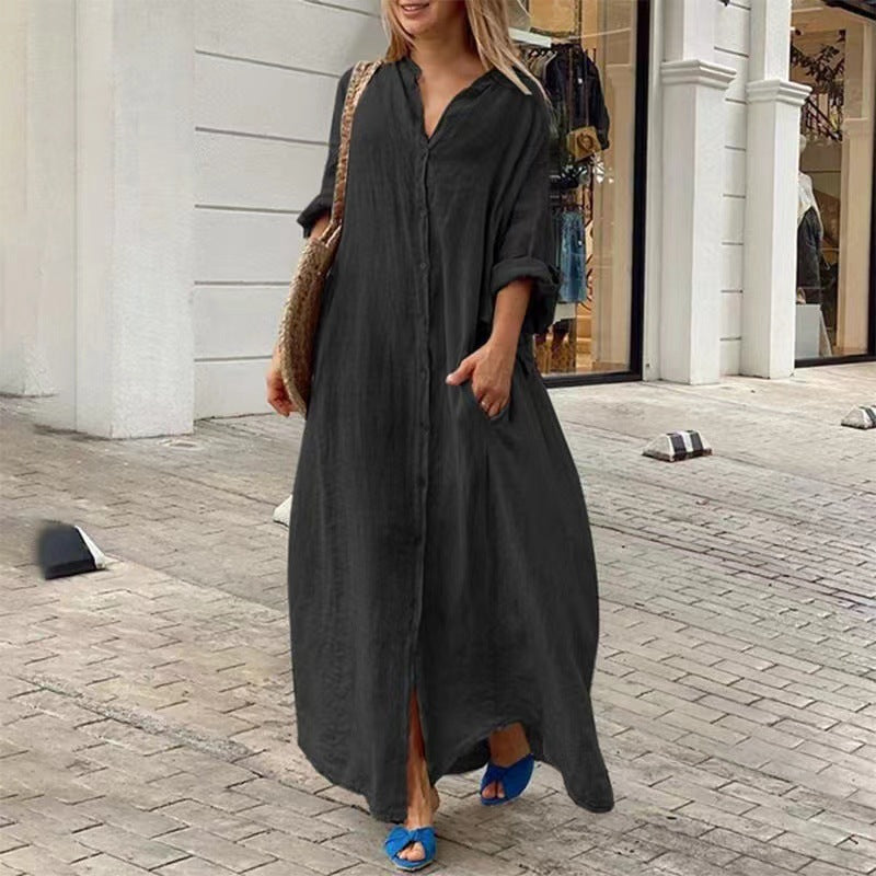 Mirla | Enknäppning Bomull-Lin Plus Size Långklänning-Eva Jonsson