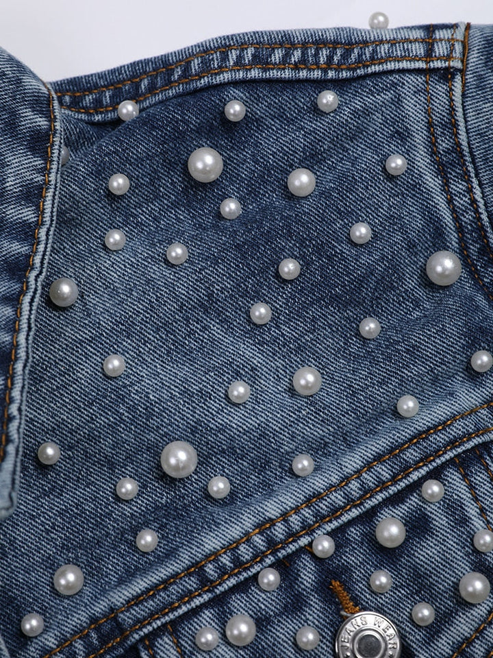 Mirla | Exklusiv Lina Jeansjacka Denim-favorit med stilfull pärldekoration-Eva Jonsson