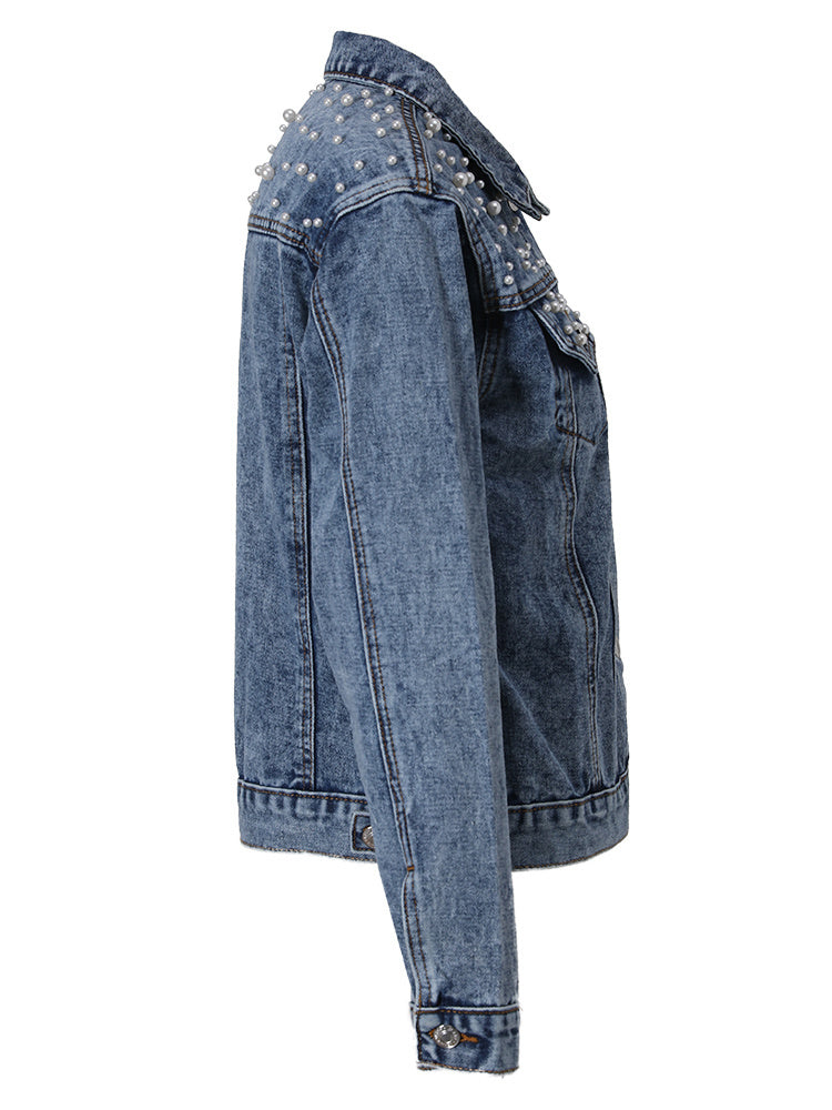 Mirla | Exklusiv Lina Jeansjacka Denim-favorit med stilfull pärldekoration-Eva Jonsson