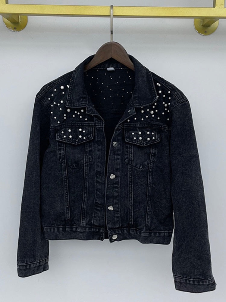 Mirla | Exklusiv Lina Jeansjacka Denim-favorit med stilfull pärldekoration-Eva Jonsson