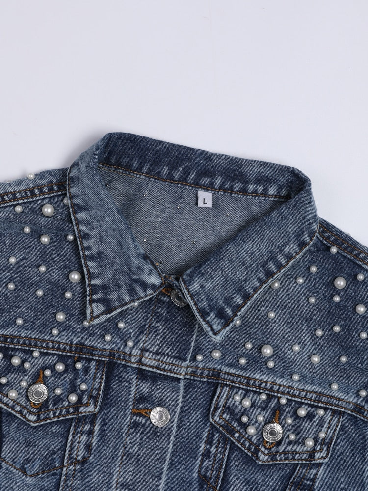 Mirla | Exklusiv Lina Jeansjacka Denim-favorit med stilfull pärldekoration-Eva Jonsson