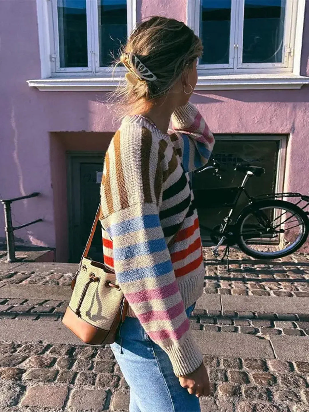 Mirla | Färgglad Randig Vintage Stickad Tröja med Rund Halsringning-Eva Jonsson