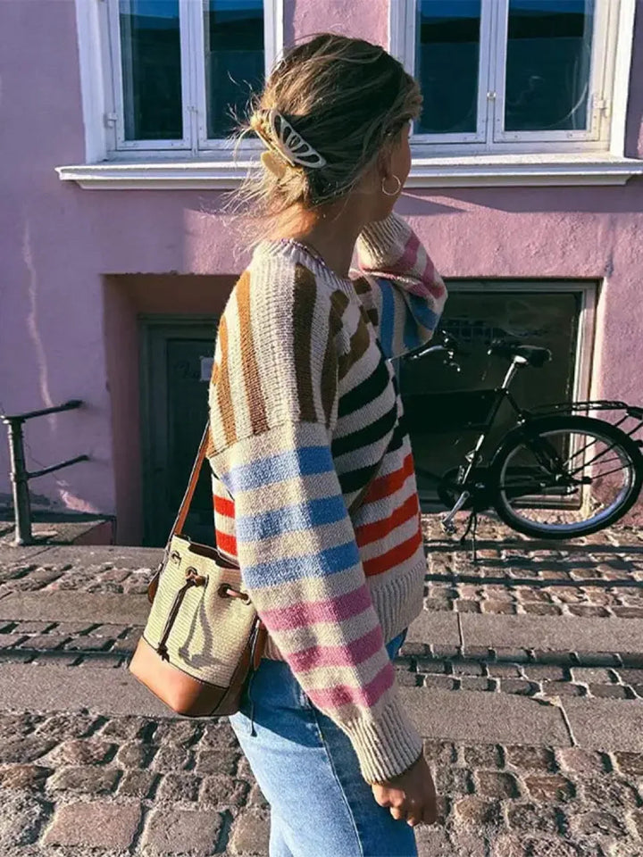 Mirla | Färgglad Randig Vintage Stickad Tröja med Rund Halsringning-Eva Jonsson