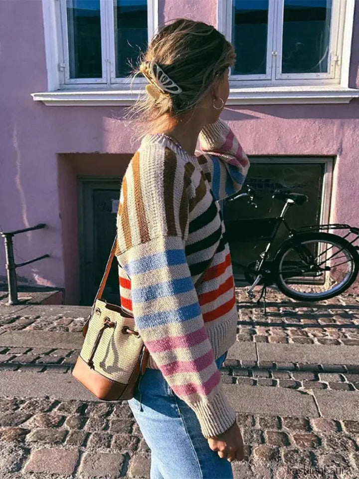 Mirla | Färgglad Randig Vintage Stickad Tröja med Rund Halsringning-Eva Jonsson