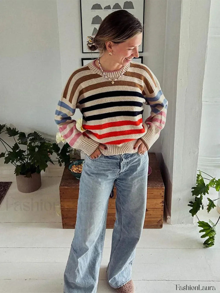 Mirla | Färgglad Randig Vintage Stickad Tröja med Rund Halsringning-Eva Jonsson