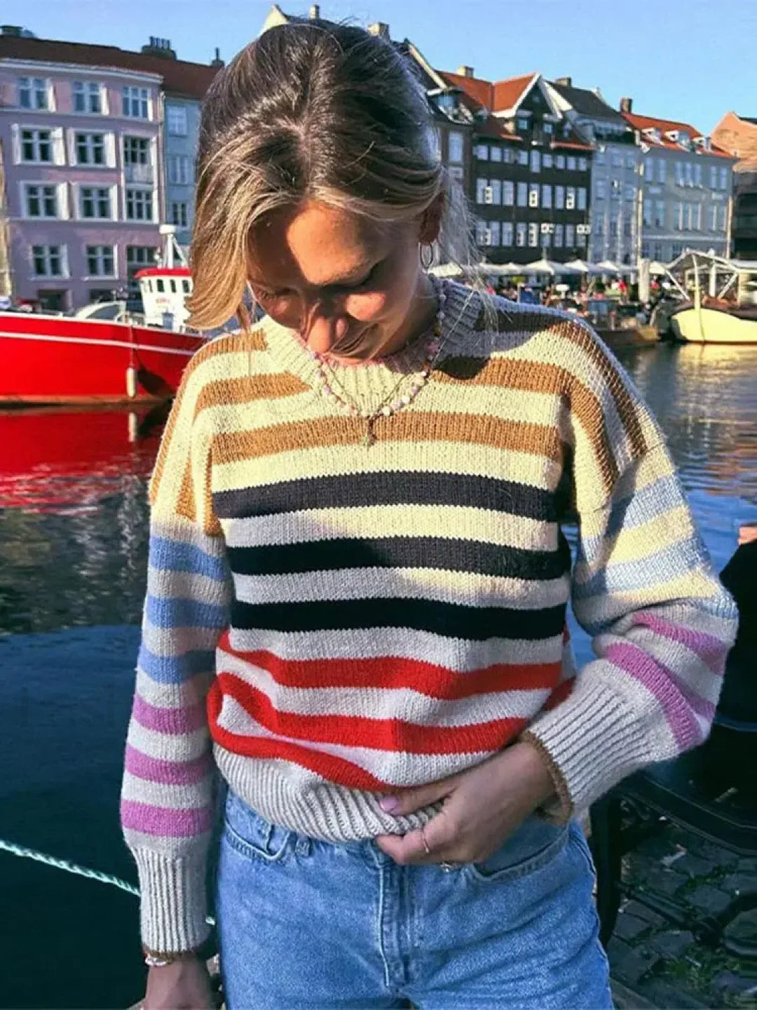 Mirla | Färgglad Randig Vintage Stickad Tröja med Rund Halsringning-Eva Jonsson