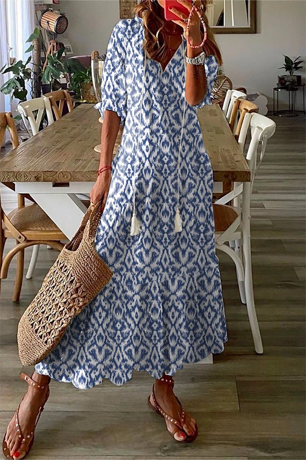 Mirla | Geometrisk tryck fritids V-hals Maxi-klänning-Eva Jonsson