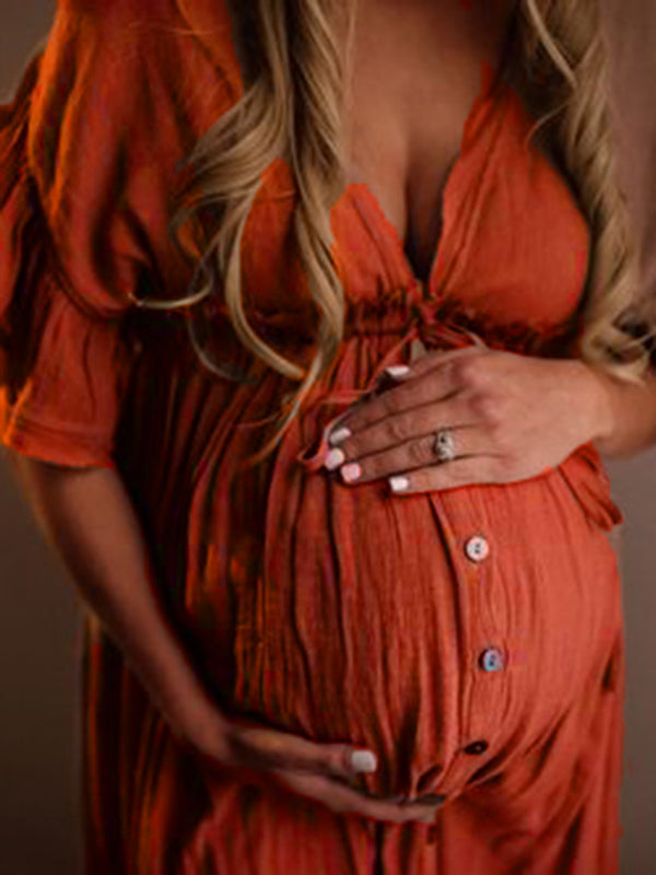 Mirla | Graviditets-chaps för fotosessioner, baby shower-klänningar med knappar, dragsko, rygglös-Eva Jonsson