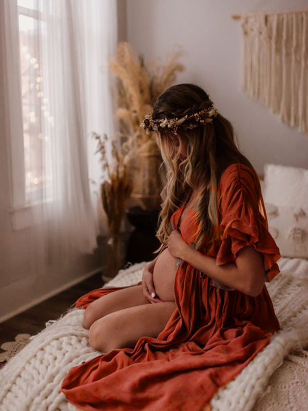 Mirla | Graviditets-chaps för fotosessioner, baby shower-klänningar med knappar, dragsko, rygglös-Eva Jonsson