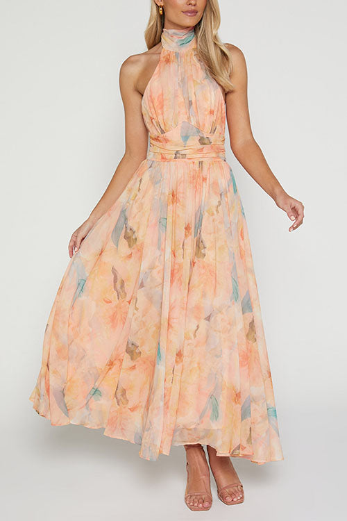 Mirla | Halter Bow Neck Backless Beck Print Swing Maxi Klänning-Eva Jonsson