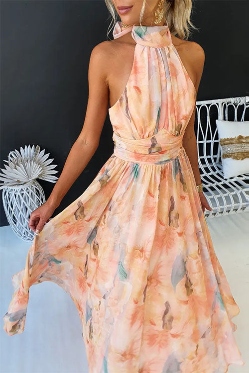 Mirla | Halter Bow Neck Backless Beck Print Swing Maxi Klänning-Eva Jonsson