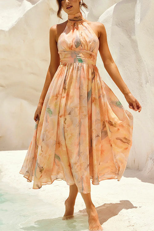 Mirla | Halter Bow Neck Backless Beck Print Swing Maxi Klänning-Eva Jonsson