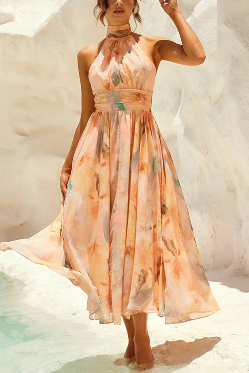 Mirla | Halter Bow Neck Backless Beck Print Swing Maxi Klänning-Eva Jonsson