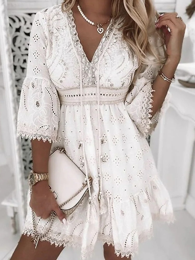 Mirla | Halv ärm Boho stil spetsklänning sommarklänning-Eva Jonsson