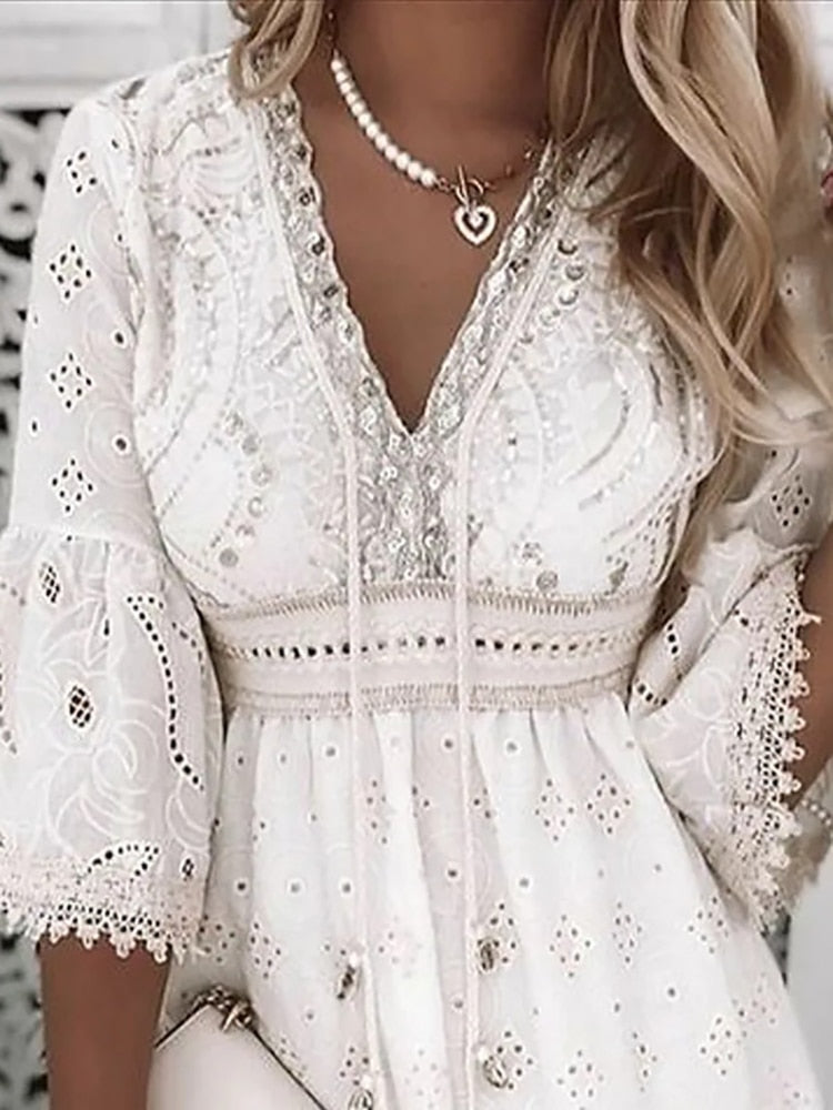Mirla | Halv ärm Boho stil spetsklänning sommarklänning-Eva Jonsson