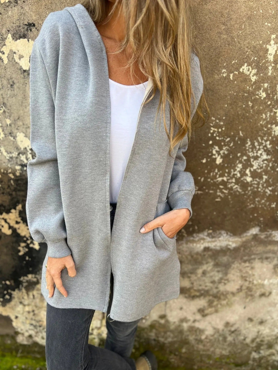 Mirla | Hoodie Avslappnad Passform Dragkedja Mellanlång med Fickor-Eva Jonsson