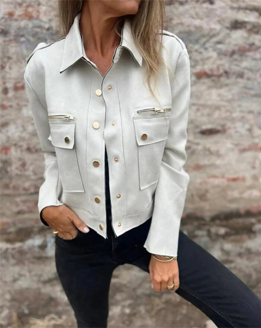 Mirla | Jacka Strukturerad Passform Mjuk Mocka Klassisk Krage Dragkedja-Eva Jonsson