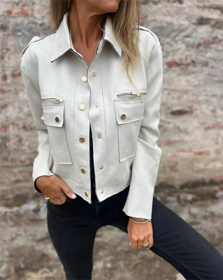 Mirla | Jacka Strukturerad Passform Mjuk Mocka Klassisk Krage Dragkedja-Eva Jonsson