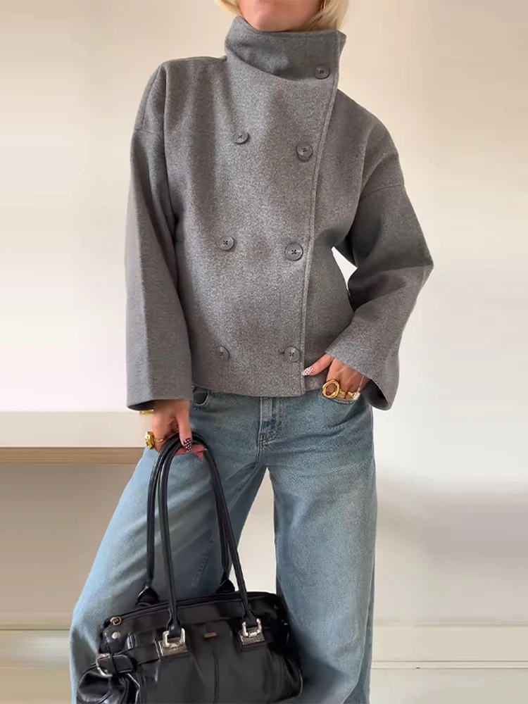 Mirla | Jacka Ullblandning Oversized Passform Stående Krage Dubbla Knappar-Eva Jonsson