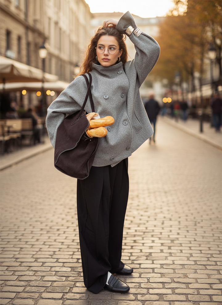 Mirla | Jacka Ullblandning Oversized Passform Stående Krage Dubbla Knappar-Eva Jonsson