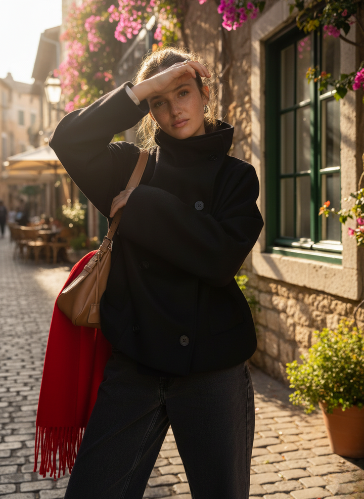 Mirla | Jacka Ullblandning Oversized Passform Stående Krage Dubbla Knappar-Eva Jonsson