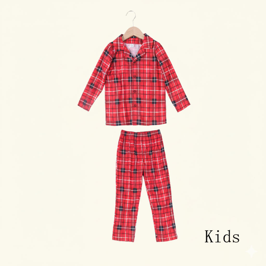 Eva Jonsson | Julfamilj-Matchande Röda Rutiga Knapp-Up Långärmad Pyjamas Set med Hund-Eva Jonsson