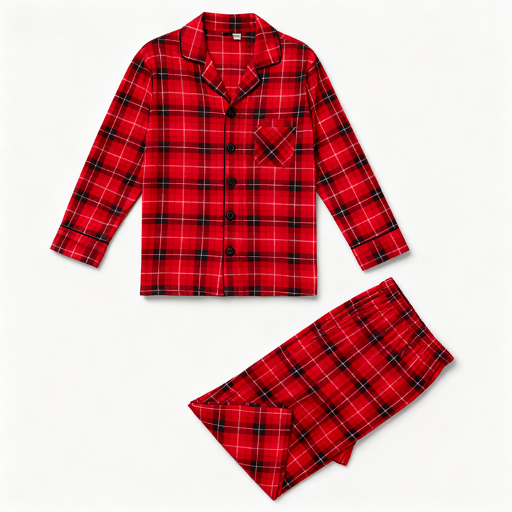 Eva Jonsson | Julpar-Matchande Röda Rutiga Knapp-Up Långärmad Pyjamas-Set med Hund-Eva Jonsson