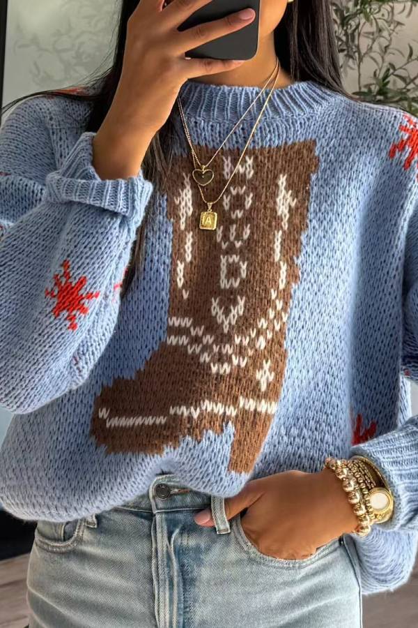 Eva Jonsson | Julstickade Stövlar Rundhals Långärmad Tröja-Eva Jonsson