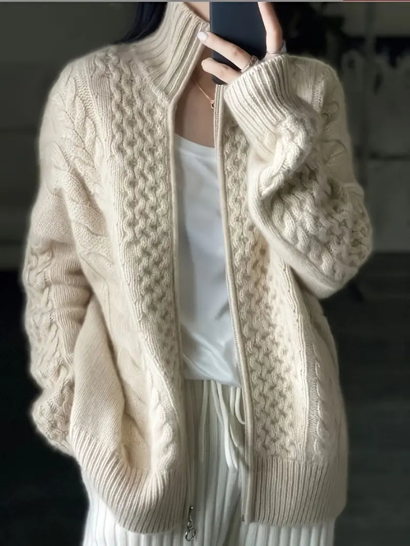 Mirla | K Cardigan Kabelstickad Hög Krage med Dragkedja Mjuk och Varm Avspänt Snitt-Eva Jonsson