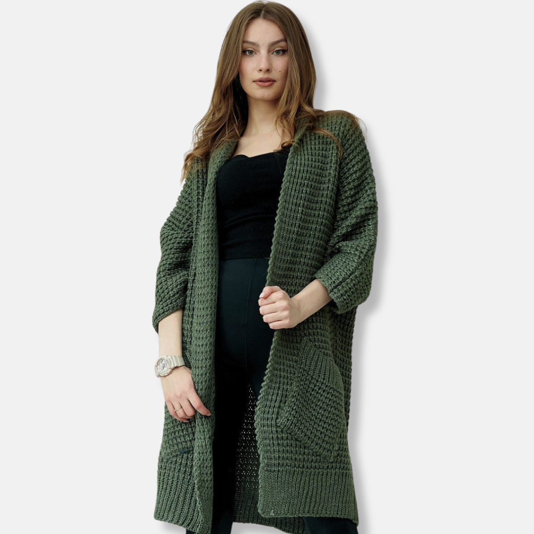 Mirla | Kappa av stickad oversized passform öppen front mönstrade fickor ribbade kanter-Eva Jonsson