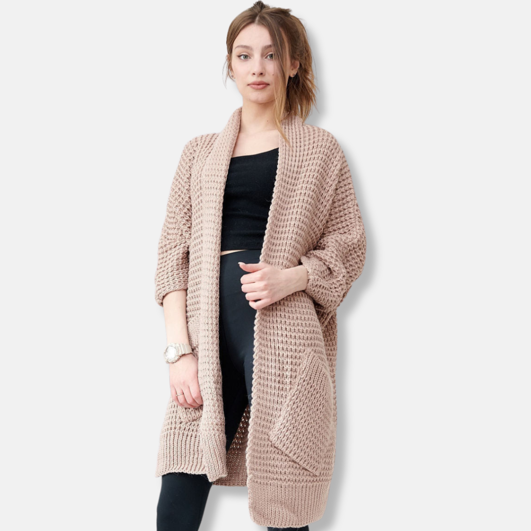 Mirla | Kappa av stickad oversized passform öppen front mönstrade fickor ribbade kanter-Eva Jonsson
