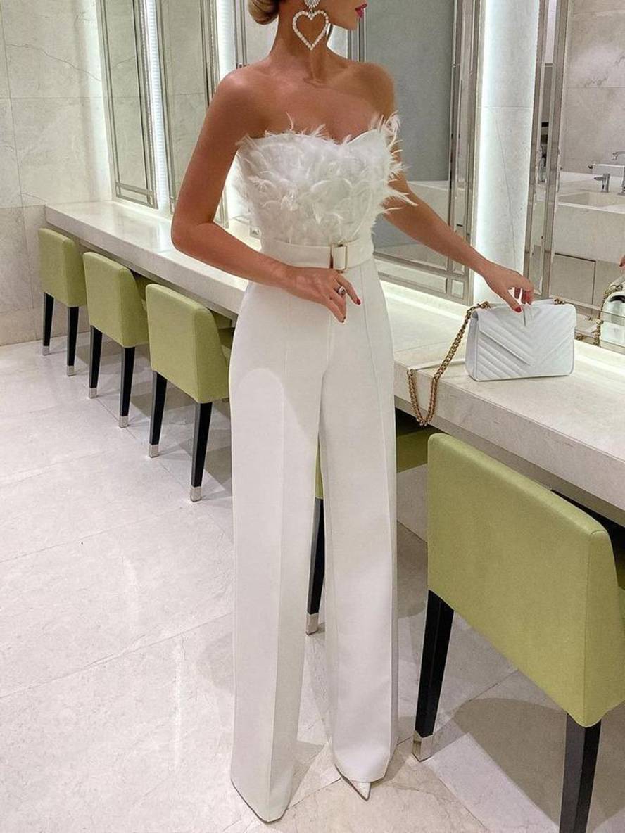 Mirla | Kombinationsrör med rak benform Bustier med fjädrar Elegant kvinna Vit-Eva Jonsson