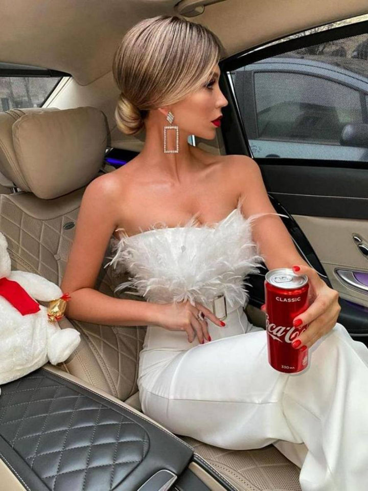 Mirla | Kombinationsrör med rak benform Bustier med fjädrar Elegant kvinna Vit-Eva Jonsson