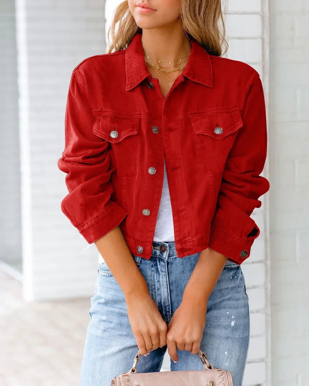 Mirla | Kort fickjacka Mode Streetwear Enkel knapp Trend Kvinnor Denim Jackor Långa ärmar Höst Ny Denim Denim Jackor-Eva Jonsson