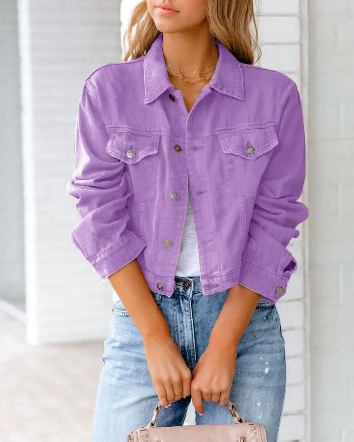 Mirla | Kort fickjacka Mode Streetwear Enkel knapp Trend Kvinnor Denim Jackor Långa ärmar Höst Ny Denim Denim Jackor-Eva Jonsson