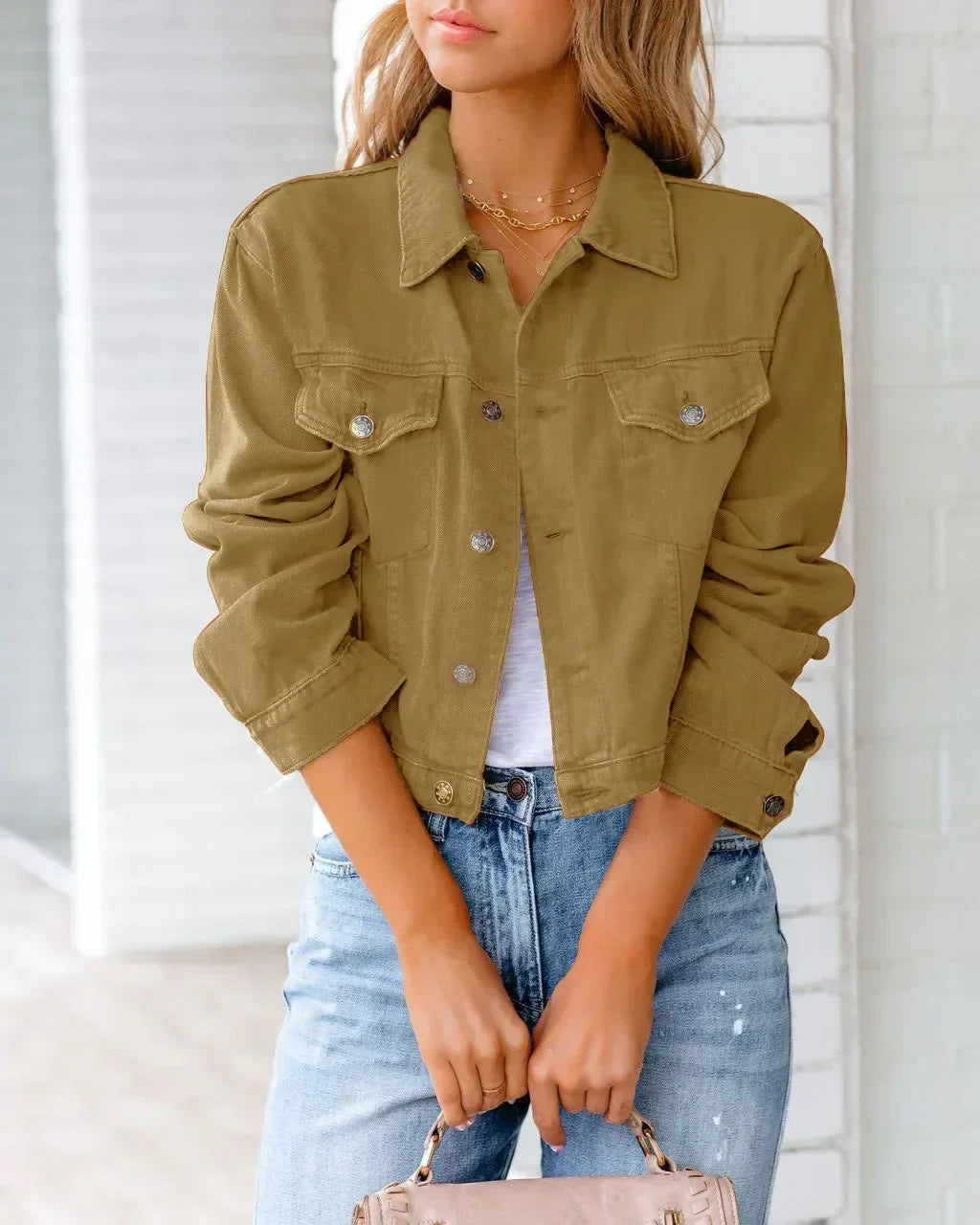 Mirla | Kort fickjacka Mode Streetwear Enkel knapp Trend Kvinnor Denim Jackor Långa ärmar Höst Ny Denim Denim Jackor-Eva Jonsson