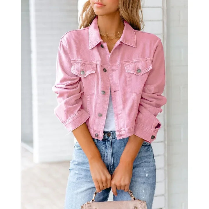 Mirla | Kort fickjacka Mode Streetwear Enkel knapp Trend Kvinnor Denim Jackor Långa ärmar Höst Ny Denim Denim Jackor-Eva Jonsson