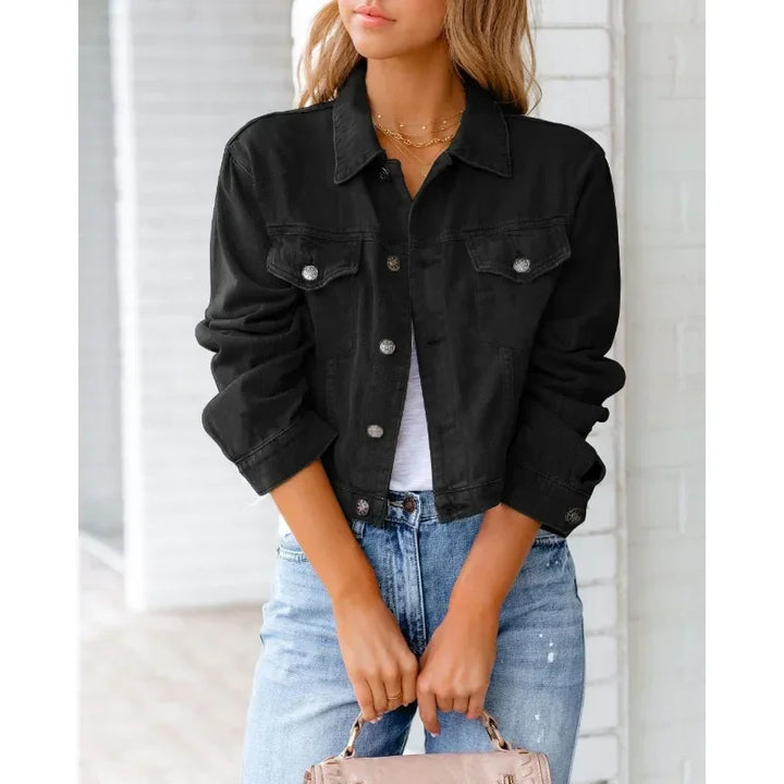 Mirla | Kort fickjacka Mode Streetwear Enkel knapp Trend Kvinnor Denim Jackor Långa ärmar Höst Ny Denim Denim Jackor-Eva Jonsson